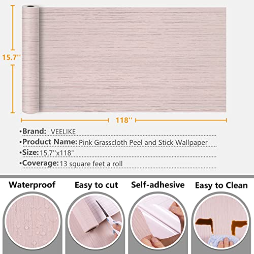 VEELIKE Pale Pink Grasscloth Peel and Stick Wallpaper Textured Pink Wallpaper for Bedroom Girls Room Bathroom 15.7''x118'' Faux Grass Cloth Contact Paper Self Adhesive Removable Linen Vinyl Wall Paper - color: Pale Pink, size: 15.7" x 118"