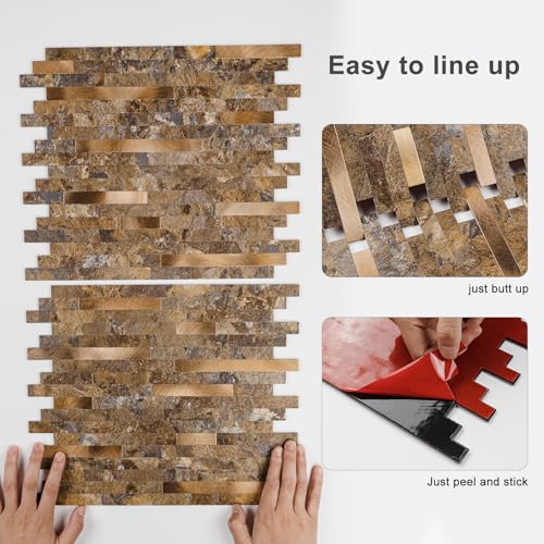 Peel and Stick Backsplash Tile, 10 Sheets Rustic Stone Look PVC Wall Tiles, Dark Rust and Gold Self Adhesive Backsplash for Kitchen and Bathroom, Waterproof Heat Resistant - color: Yellow Rust Stone