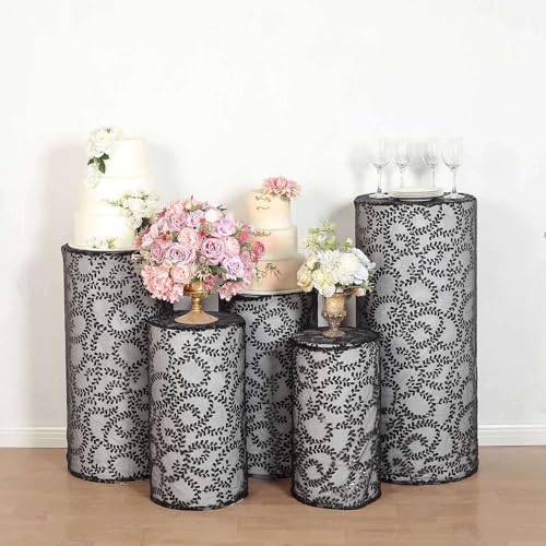 Efavormart Set of 5 Black Sequin Mesh Cylinder Display Box Stand Covers with Leaf Vine Embroidery, Sparkly Sheer Tulle Pedestal Pillar Prop Covers - color: Black, size: Sequin Mesh Cylinder Covers - Leaf Pattern