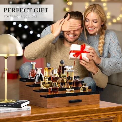 Vdamu Cologne Organizer for Men,4 Tier of Elevated Cologne Display Stand with Drawer Storage,Ladder Cologne Display,Perfume Organizer and Storage Display Risers,Great Gift for Men (Walnut Black) - color: WalnutBlack