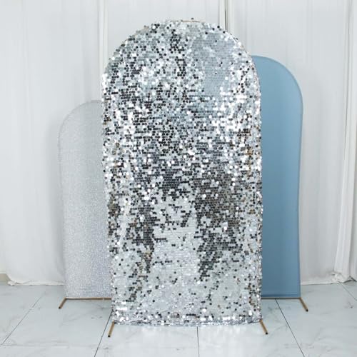 Efavormart Set of 3 Dusty Blue Silver Chiara Arch Backdrop Covers (7ft/6ft/5ft), Round Top Snug Fit, Double-Sided Big Sequin, Tinsel & Spandex Mixed Texture for Birthday, Party, Events - color: Dusty Blue