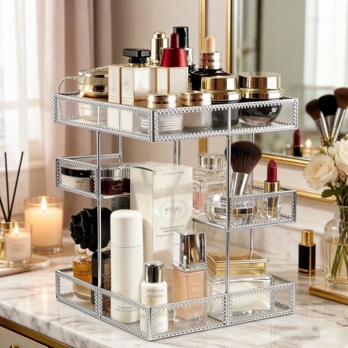 360 Degree Rotation Cosmetic Organizer -Premium Makeup Storage with Spin Base,Antique Countertop Cosmetic Storage,Large Capacity,Beauty Display for Countertop,Vanity or Bathroom (silver) - color: silver