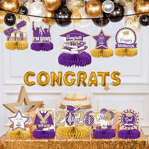 10PCS Graduation Party Decorations Class of 2026 Congrats Grad Table Centerpieces Congratulate Graduation Honeycomb Table Toppers for Graduation Party Supplies(Pueple Gold) - color: Pueple Gold