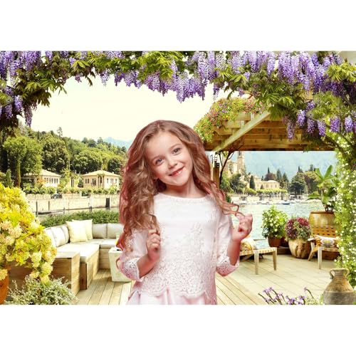 Italy Backdrop Europe Ancient Old City Italy Photography Background Tuscany Garden Blossoming Flowers Backdrop Italy Cityscape Mountain Village Scenery for Travel Vacation Birthday Props 5x3ft - color: Green_Purple, size: 5x3ft