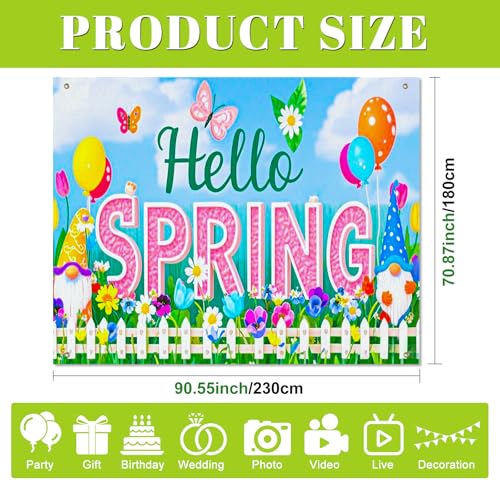 BlissYard Spring Gnome Backdrop 8x6ft Hello Spring Garden Party Background Cute Cartoon Gnome Photography Backdrop for Spring Festival Easter Celebration Birthday Classroom Photo Booth Decor - color: Hello Spring Backdrop#02