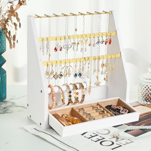 DGWJSU Jewelry Organizer Stand, 5 Layer Earring Holder Organizer with Necklace Holder, Rustic Wood Earring Organizer Display for Stud Earring Bracelet Necklace Ring, Watches(White Gold) - color: White Gold