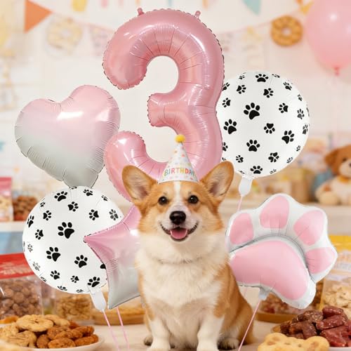 3rd Birthday Dog Paw Balloons Set,18'' Paw Prints, Heart,Star,Paw Shaped Foil Balloon 40 Inch Pink Number 3 Helium balloons for Puppy Themed Third Anniversary Birthday Party Decorations Supplies 6PCS - color: Pink-3