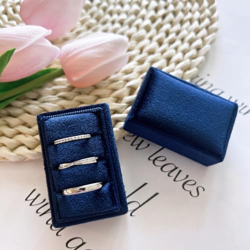 Rectangle 3 Slots Italian Velvet Jewelry Box Engagement Wedding Photo Ring Box Keepsake Box Triple Ring Gift Box (Navy) - color: Navy