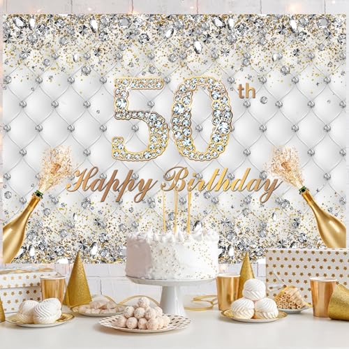Withu White Gold 50th Birthday Backdrop for Men Women Shining Diamond Crystals Cheers to 50 Years Old Champagne Fifty Birthday Party Decorations Photography Banner Background 8x6ft - size: 8x6ft