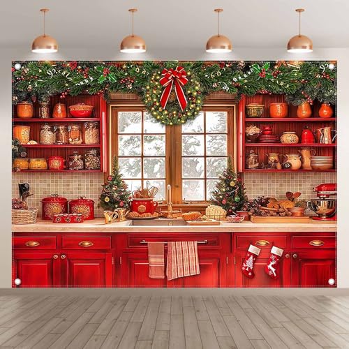 Fabric 7x5ft Christmas Kitchen Photography Backdrop Cabinets Window Winter Snow Scene Background Xmas Family Party Decoration New Year Photo Banner Props - size: 7'x5'