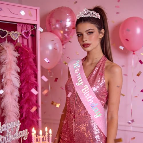 YISSION Birthday Tiara and Sash Set, Pink Rhinestone Crown with Combs & Glitter "It's my Birthday" Sash for Women, Birthday Party Decorations, Photo Props & Party Favors - color: Pink