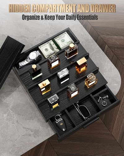 Solid Walnut Cologne Organizer for Men,Cologne Stand,4 Tier Wooden Cologne Holder Shelf Display,Perfume Stand Organizer with Drawer and Hidden Compartment,Gift for Men Dad Husband,Black - color: Black 4 Tier