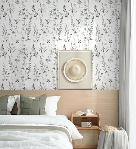 Peel and Stick Wallpaper Green Leaves Wall Paper White Boho Contact Paper 17.3"×78.7" Left Self-Adhesive Removable for Bedroom Leaf Waterproof Shelf Liner Decal Vinyl Roll - color: Green, size: 17.3" x 78.7"