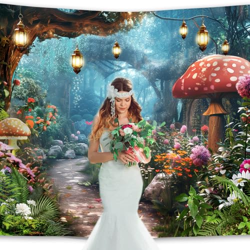 Fairy Tale Woodland Backdrop 7Wx5H Feet Enchanted Green Spring Garden Floral Wildflower Mushroom Fantasy Fabric Birthday Baby Shower Photography Backgrounds Photo Shoot Decor Props Decoration - color: C-Mushroom01, size: 7Wx5H