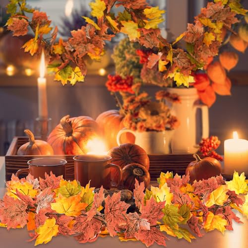 Helimoto 6 Pack Fall Outdoor Garland, 35.4 FT Fall Decorations for Home with 12 Hooks, Artificial Maple Fall Garland for Autumn Thanksgiving Decor Wedding Party Fireplace Mantle Indoor Decorations - color: Green, size: 6 Pcs