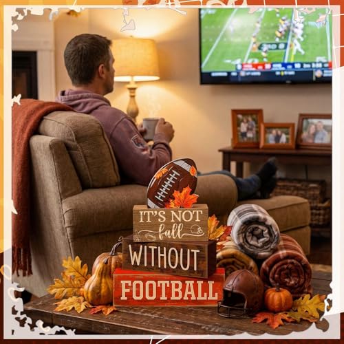 Yuntau 4 Pcs Football Fall Table Decorations Football Tiered Tray Decor Spring Wooden Sign Soccer It's Not Fall Without Centerpiece Decorative Faux Book Block Sign for Coffee Table Mantel Shelf - style: Football Fall