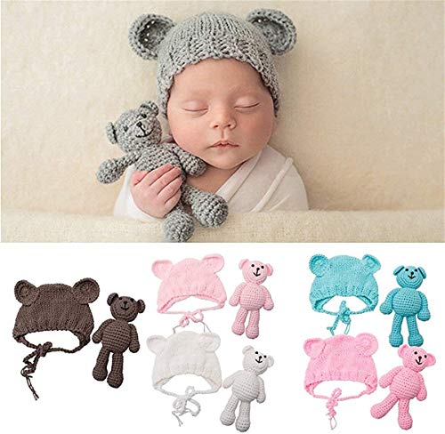 Newborn Baby Photo Shoot Props Boys Girls Crochet Knitted Hat Bear Hat Beanie with Bear Dolls Photography Props - color: Pink