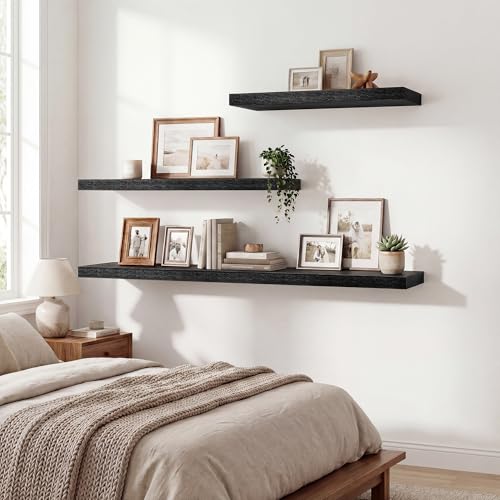 36 Inch Black Floating Shelves for Wall,9.3" Deep Long Floating Shelf Set of 2,Wood Wall Mounted Shelves Farmhouse Home Decor,Wall Storage Shelf for Bathroom Bedroom Living Room Kitchen Office,Black - color: Black, size: 36 Inch,set of 2