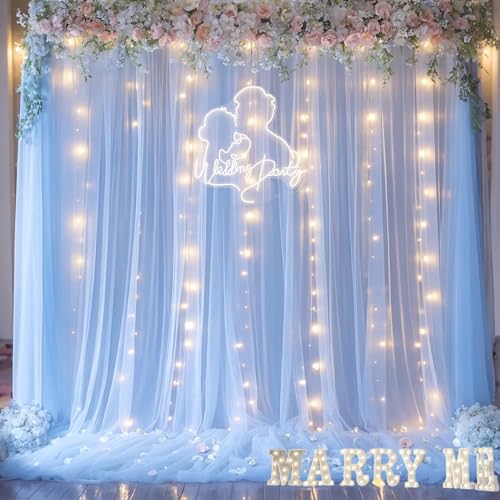 Baby Blue Backdrop Curtains with Lights String for Baby Shower Parties 2 Panels 5×10ft Sheer Tulle Backdrop Curtain Panels for Birthday Party Bridal Shower Photo Shoot Background Wall Decorations - color: Baby Blue, size: 10 ft X 10 ft(2 Panels 5ft X 10ft