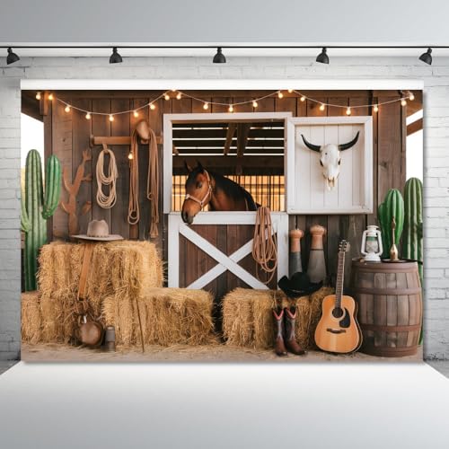 Western Cowboy Backdrop 7x5ft Rustic Barn Door Horse Banner Wild West Rodeo for Birthday Party Supplies Photo Booth Props