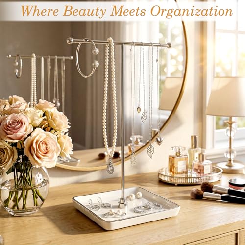 galasily Jewelry Holder Stand with Ceramic Base: 12" Tall Necklace Organizer Rack, Tree Design Display Storage for Necklaces, Bracelets, Rings, Earrings, Aesthetic Vintage Room Décor (Silver) - color: Silver
