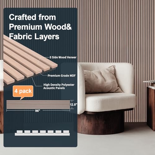 NeatiEase Wood Slat Wall Panels, 4-Piece 96" x 12.6", Soundproof Acoustic Wall Panels for Interior Decor, Noise Cancelling (Rustic Oak) - color: Oak, size: 96" x 12.6"