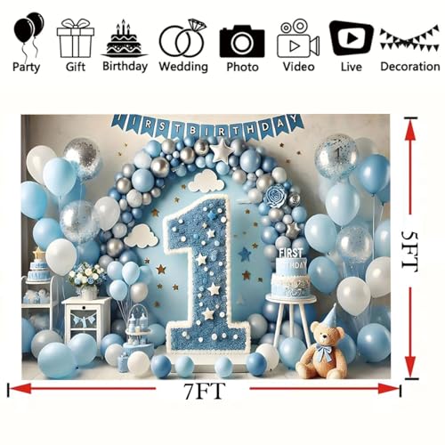 1st Happy Birthday Backdrop Blue Balloons Clouds Large Number 1 Text Design Newborn Boy Girl Birthday Party Decoration One Year Old Kids Cake Smash Decoration Studio Photo Props (A, 7X5FT) - color: A, size: 7X5FT