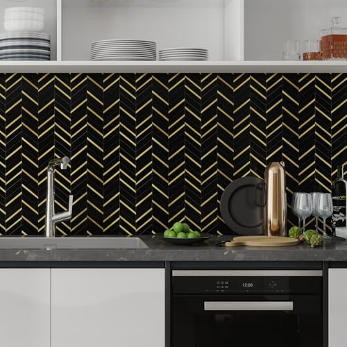 Peel and Stick Backsplash Tile, Black Marble Herringbone with Gold Metal Look, 10 Sheets Self Adhesive PVC Wall Tile, Waterproof & Heat Resistant for Kitchen, Bathroom, RV, Fireplace - color: Black Mixed Gold Metal