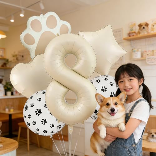 8th Birthday Dog Paw Balloons Set,18'' Paw Prints, Heart,Star,Paw Shaped Foil Balloon 40 Inch Cream Number 8 Helium balloons for Puppy Themed Third Anniversary Birthday Party Decorations Supplies 6PCS - color: Cream-8