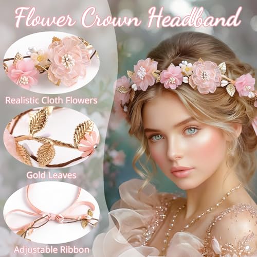 MEMOVAN Pink Flower Crown Headband Rose Floral Headpiece Adjustable with Gold Leaf Bohemian Fairy Flower Renaissance Hair Wreath Accessory for Girls Women Birthday Wedding Party Photo Props - color: pink