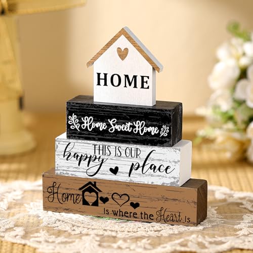 Geelin 4 Pcs Farmhouse Wooden Tabletop Decor Sweet Home Tiered Tray Decor Rustic Home Wood Sign Neutral Decorations for Wood Block Sign Coffee Shelf Desk Centerpiece Decoration - style: Home