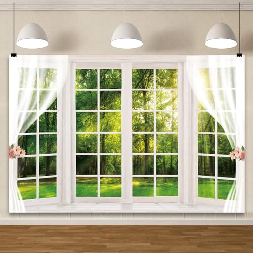 YongFoto 8x6ft Spring Window Scenery Backdrop Green Forest Jungle Trees Sunshine Nature Landscape Wedding Photography Background Girl Woman Birthday Party Kids Adults Portrait Photo Studio Props - color: Green 2, size: 8x6ft