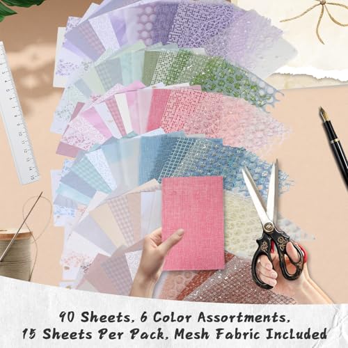 90 Sheets Textured Scrapbook Paper with Decor Mesh Fabric Creative Kit - 6 Pack Mixed Media Papers for Craft, Scrapbooking, Junk Journal, Card Making, Collage Art Supplies, 5.1 x 7 Inches