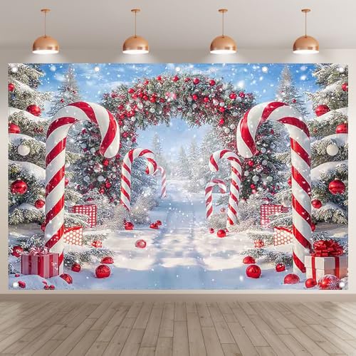 Fabric 12x8ft Merry Christmas Cane Candy Photography Backdrop Winter Snow Scene Xmas Tree Background New Year Eve Party Decoration Holiday Photo Banner Props - size: 12'X8'