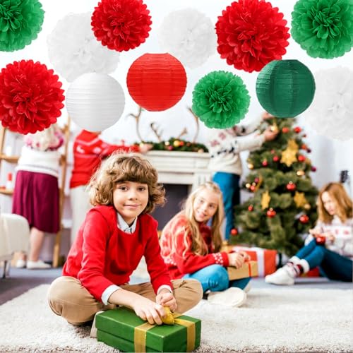 Red-Green White Party-Decorations Christmas Flowers Lanterns - 15PCS Italian Mexican Independence Day Paper Tissue Pom Poms Streamers,Mexico Italy Birthday Baby Shower Wedding Hanging Decor Hugfond - color: Red White Green