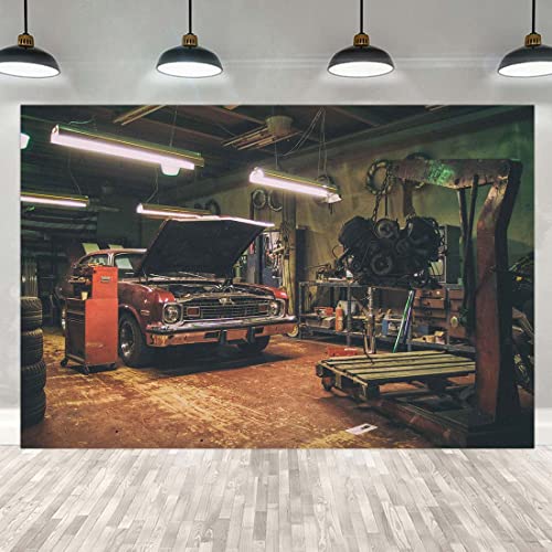 Old Garage Backdrops for Photography 7X5FT Car Repair Backgrounds Themed Party Photo Booth Studio Props RBJMYLU59 - size: polyester microfiber fabric-7x5ft