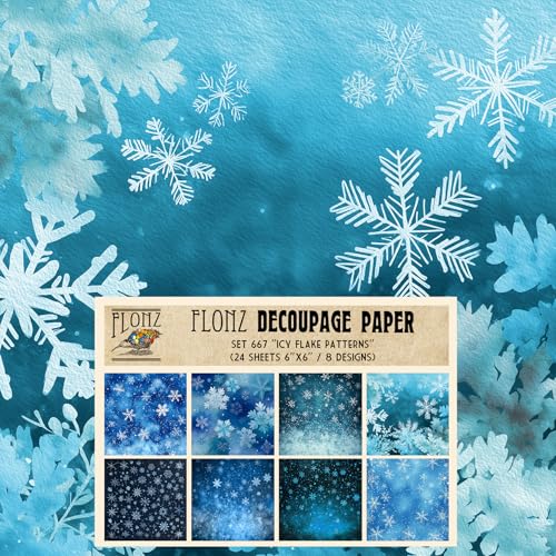 Decoupage Paper Pack (24 Sheets 6"x6") ICY Flake Patterns ~ Repetitive Snowflake Motifs in Varying Blue Tones, Created in Soft Textured Digital Overlays with Subtle Glow Effects - color: Four