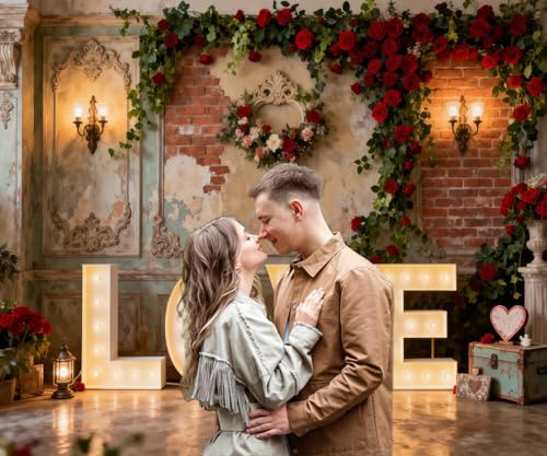 Valentines Backdrop 10x8ft Vintage Red Brick Wall Flower Valentine Backdrops for Photography Romantic Rose Candle Valentine's Day Decorations for Party Happy Galentines Photo Props Background - color: Gold, size: 10x8ft