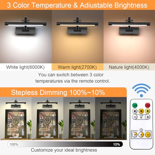 Tassuowell Battery Powered Picture Light with Remote and Timer,Full Metal Art Light with Swing Arm,12 Inch Dimmable,3CCT in One, Rechargeable Wall Lights for Display, Artwork, Canvas,Hallway - color: Black, size: 12inch
