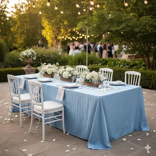 YOUR CHAIR COVERS - 90 x 132 inch Rectangular Crinkle Taffeta Tablecloth - Light Blue, Rectangle Table Linens for 6 ft Rectangular Tables, Wedding Crushed Table Cloth - color: Light Blue, size: 132" x 90" (Rectangular)