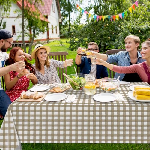 12 Pack Brown and White Plastic Checkered Tablecloth, Premium Decorative Disposable Tan Gingham Plaid Table Cloths for Parties, Rectangle Party Table Cover for Picnic Farm Birthday Fall, 54x108 Inch - color: Light Brown Checkered, size: 54"x108"-12 Pack