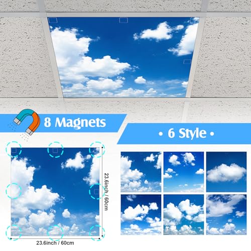 6 Pcs x 2 ft Fluorescent Light Covers with 48 Magnets for Fluorescent Light Shade Drop Ceiling Filters for Classroom Office Kitchen Decor(Blue Sky) - style: Blue Sky