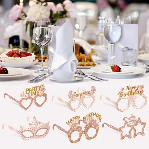 Guiruiy 24PCS Happy Birthday Eyeglasses Decorations for Girls Women, Pink Rose Gold Birthday Paper Eyeglasses Party Supplies, 16th 21st 30th 40th 50th 60th 70th 80th 90th Year Old Bday Glasses Decor - style: Pink Rose Gold