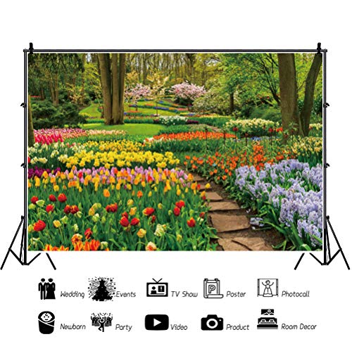 9x6ft Spring Forest Park Photography Backdrop Blooming Tulip Flowers Jungle Garden Background Children Spring Outdoor Outing Art Portraits Photo Studio Props Vinyl Wallpaper - color: Blooming Floral, size: 9x6ft