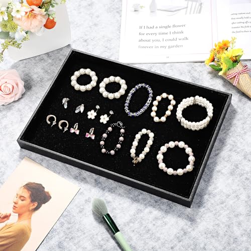 Quelay 6 Pcs Velvet Stackable Jewelry Tray Showcase Display, Jewelry Organizer Tray Bracelet Ring Earring Necklace Organizer Empty Plate for Drawers Countertop (Black) - color: Black