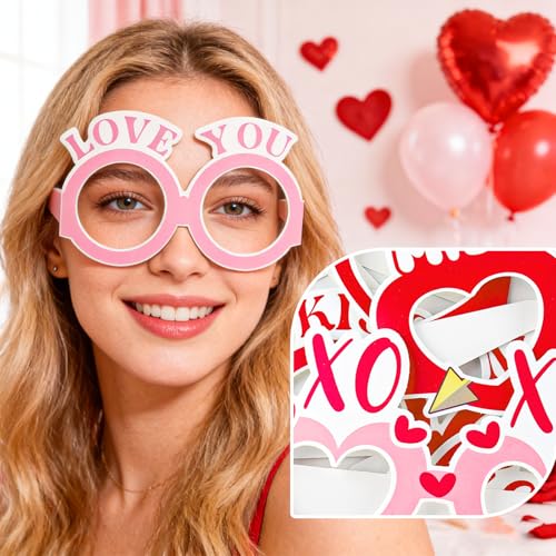Valentine's Day Paper Glasses Eyewear - 6Pcs Pink Red Heart I Love You Eyeglasses Photo Props, Romantic Party Favors Eyewear for Couples, Galentine's & Date Night - color: Pink Red