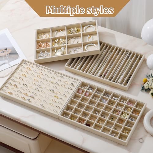 Large Velvet Jewelry Tray 2 Pack Stackable Jewelry Display Drawer Inserts Trays Organizer for Earring Bracelet Necklace Ring (Beige, 48 Grids) - color: Beige, size: 48 Grids