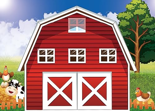 Cartoon Farm Photography Backdrop 7x5ft Animals Rustic Farmhouse Red Barn Photo Background for Kids Birthday Party Decoration Barnyard Baby Shower Newborn Photobooth Banner - size: 7x5 FT