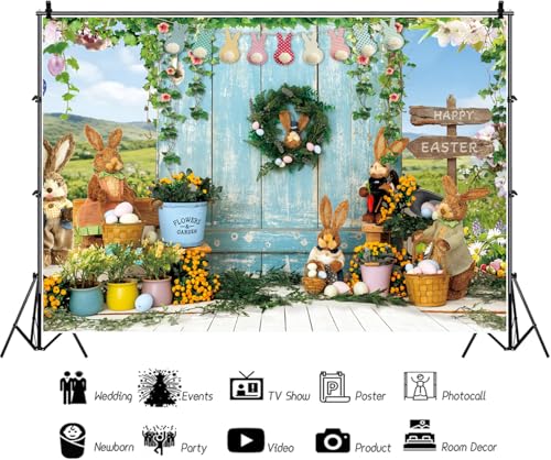 ChromaVerse 8X6FT Easter Photography Backdrop, Spring Bunny Theme with Rustic Wood Door, Flowers and Happy Easter Decoration CV-200 - size: 8X6FT
