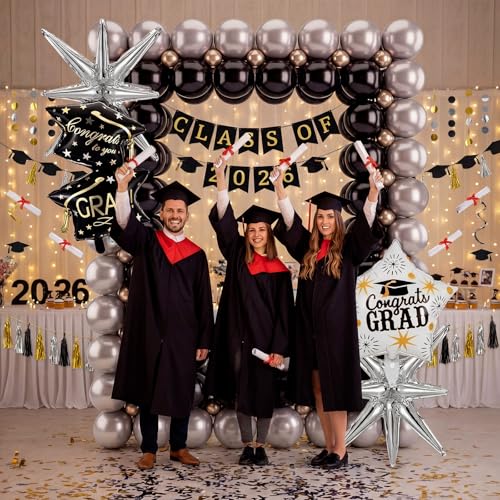 Seenelling 244 Pcs Black and Silver Graduation Balloon Arch Kit with Balloon Arch Stand Graduation 2026 Party Photo Booth Prom Backdrop for Celebrations High School Birthday Party Decoration